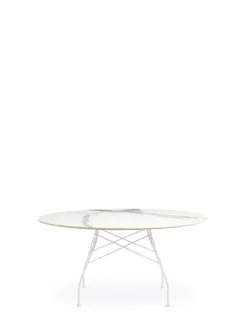 Glossy runt marmorbord 150cm med vita ben