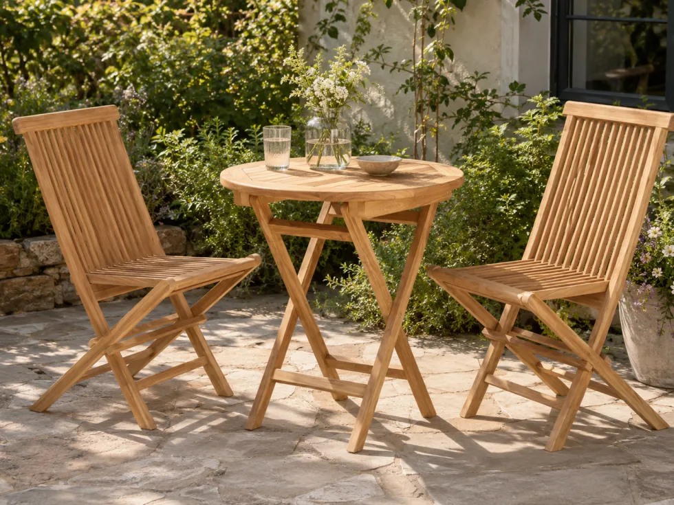 Lyon caféset i teak – cafébord med 2 stolar